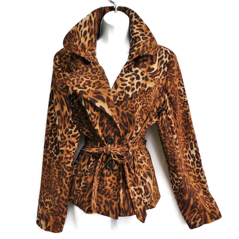 Vintage 90s Laura Scott Animal Cat Cheetah Blazer Jacket Large Lapel Belted L